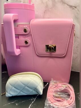 Crossbody 40oz Cup Holder Faux Leather Pink Bag. Non branded Tumbler Incl. NWT
